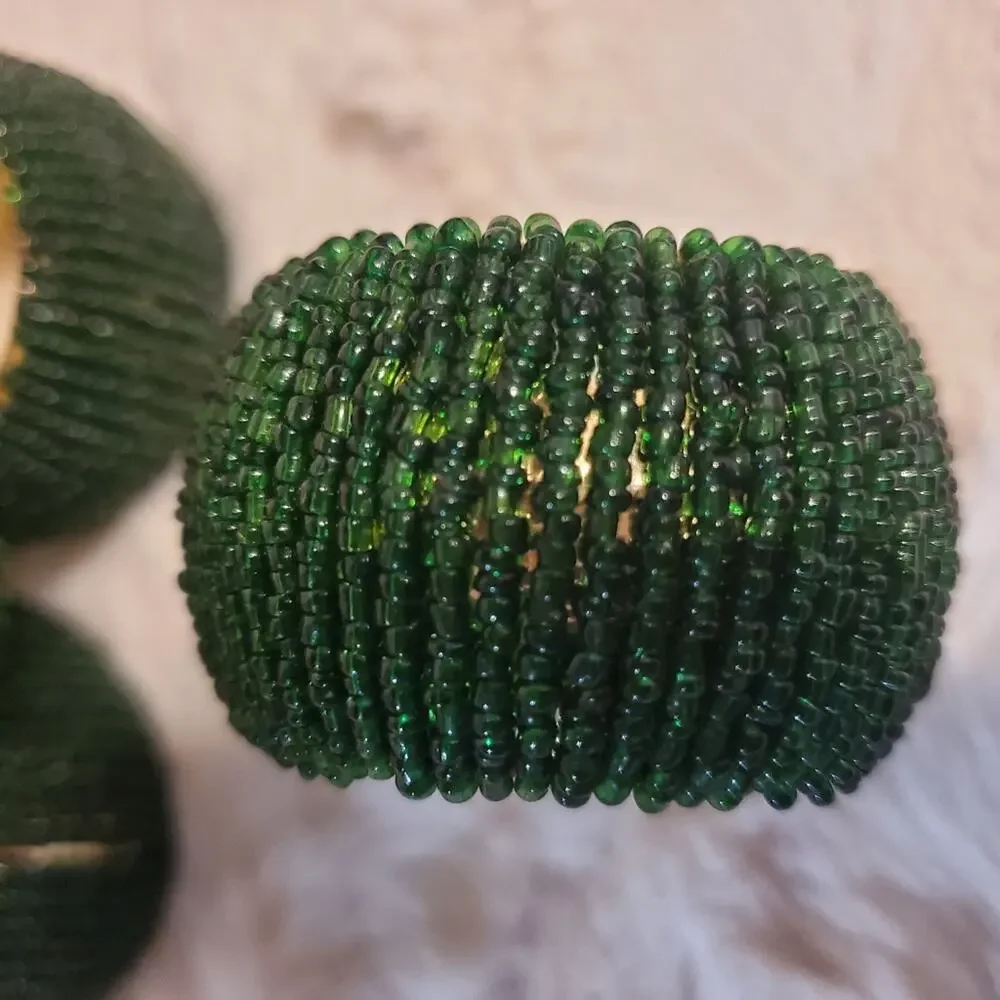 Pier 1 Set of 4 Beaded Green Napkin Rings / Holder